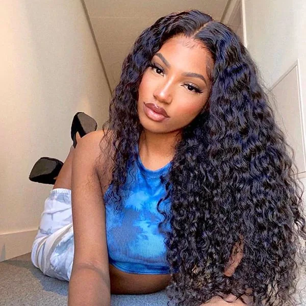 22 Inch Wet and curly human hair 4x4 Lace Front Wig Human Hair Glue less Pre Plucked and Natural Color 150% Density