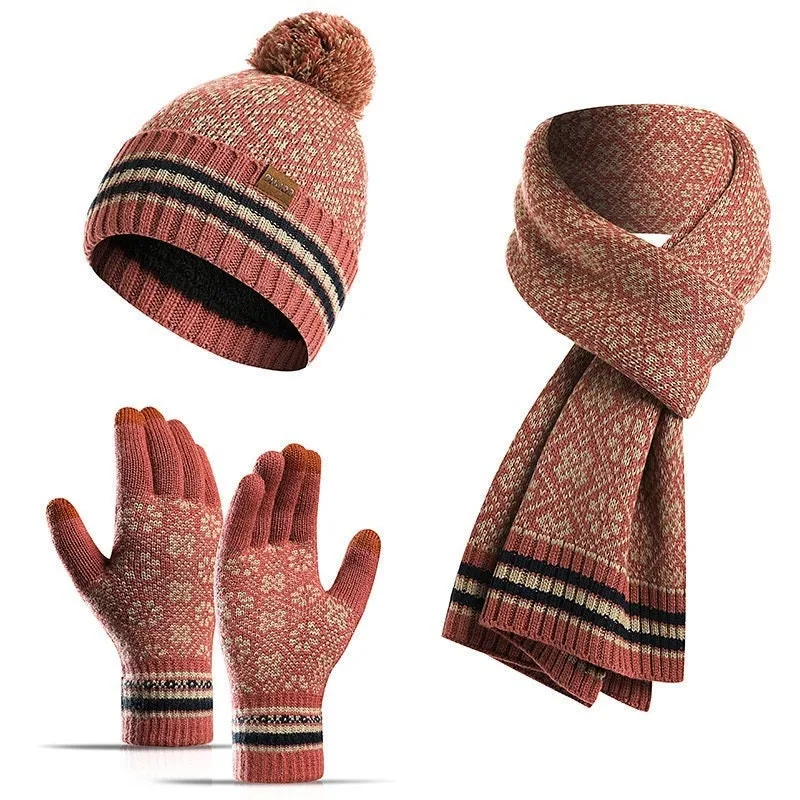 Hat Scarf Touchscreen Gloves Set for Women Thicken Lining Knitted Hats with Pom Pom Fashion Neck Warmer