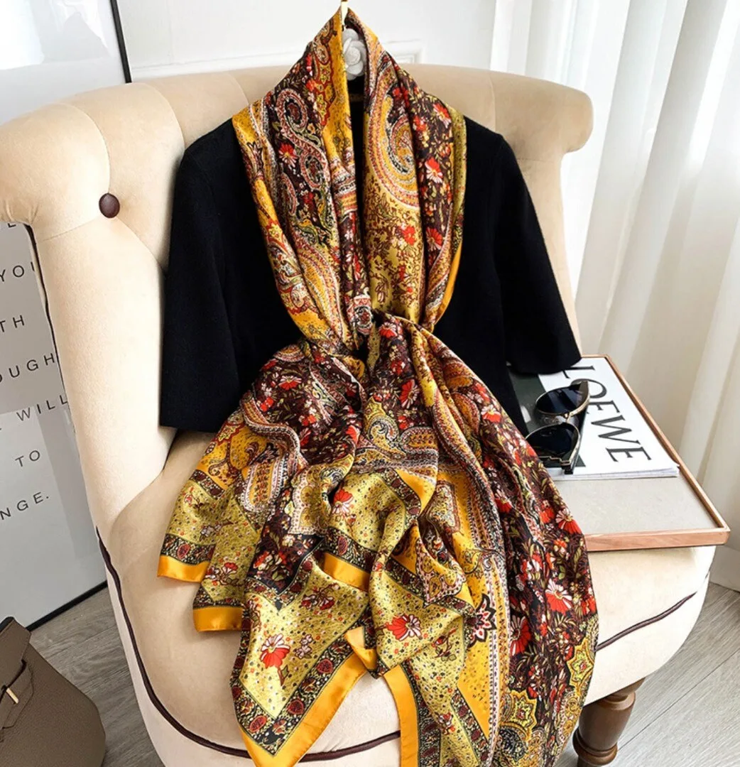 Tiwa Design Lovely Floral Chain Silk Scarfs Long Soft Size : 180cm*90cm
