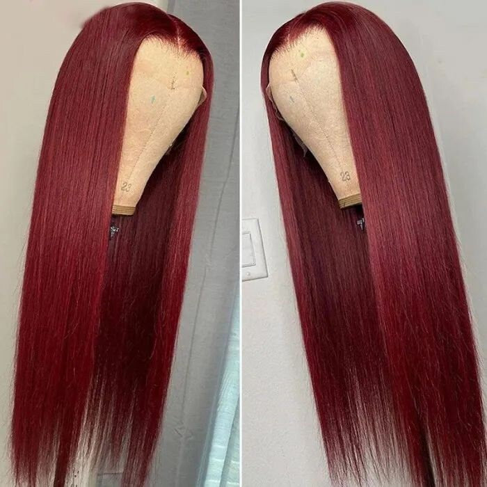 Burgundy Lace Front Wigs Human Hair Pre Plucked Straight Human Hair Wig with Baby Hair 150% Density Wine Red Wig Colored 22 Inch