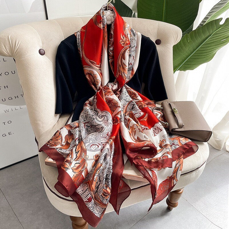 Tiwa Design Lovely Floral Chain Silk Scarfs Long Soft Size : 180cm*90cm