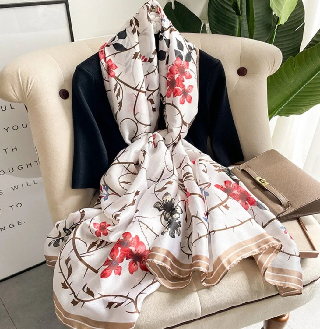 Tiwa Design Lovely Floral Chain Silk Scarfs Long Soft Size : 180cm*90cm