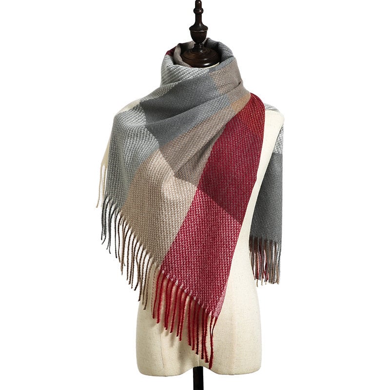 Plaid Print Fringe Hem Scarf